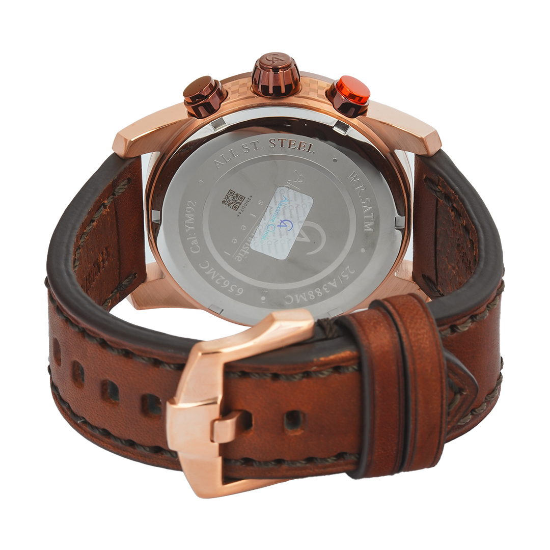 Jam Tangan Alexandre Christie AC 6562 MCLROBO Men Analog Dial Brown Leather Strap