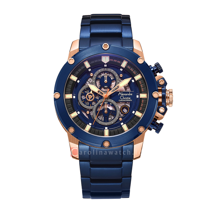 Jam Tangan Alexandre Christie Chronograph AC 6564 MCBURBU Men Blue Dial Blue Stainless Steel Strap