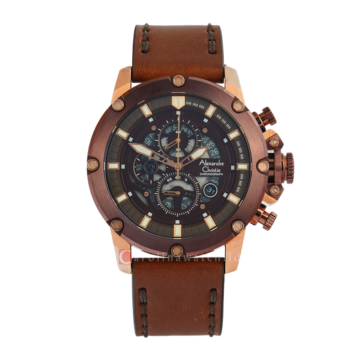 Jam Tangan Alexandre Christie AC 6564 MCLROBO Men Analog Dial Brown Leather Strap