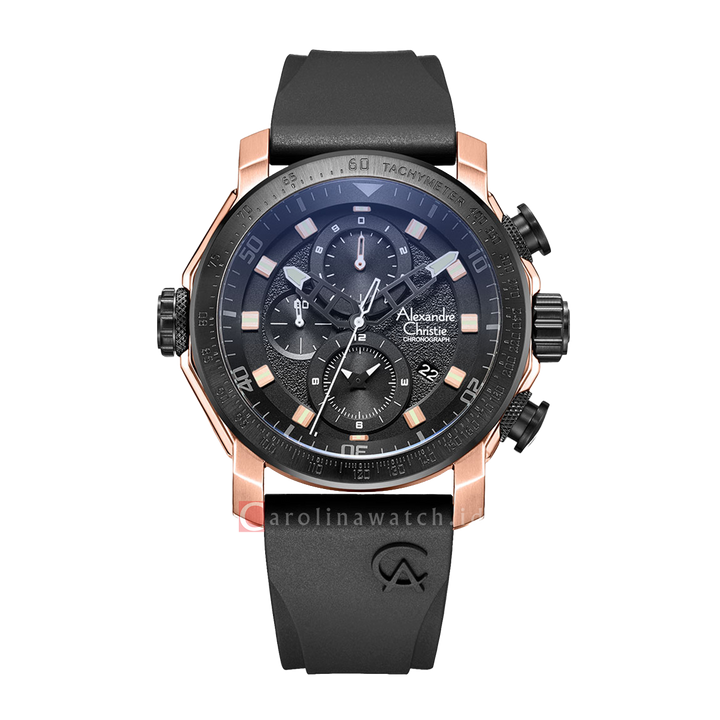 Jam Tangan Alexandre Christie Chronograph AC 6565 MCRBRBA Men Black Dial Black Rubber Strap