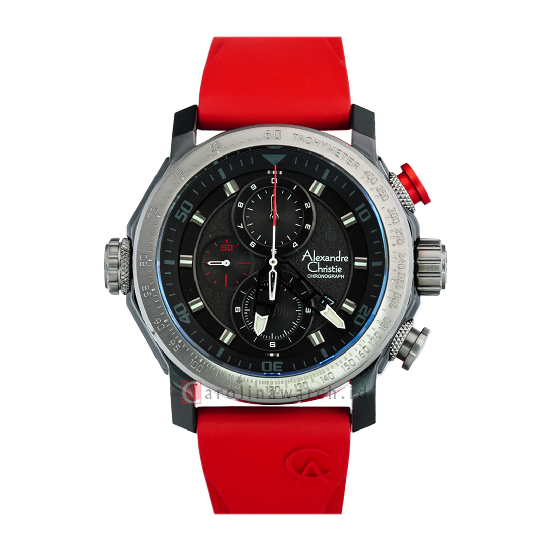 Jam Tangan Alexandre Christie Chronograph AC 6565 MCREPBARE Men Black Dial Red Rubber Strap