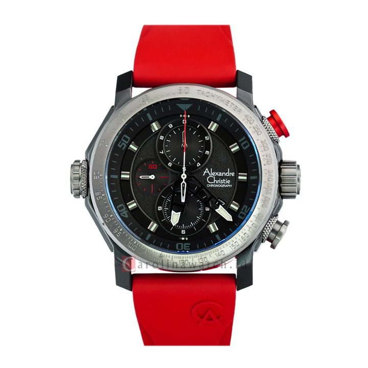 Jam Tangan Alexandre Christie Chronograph AC 6565 MCREPBARE Men Black Dial Red Rubber Strap