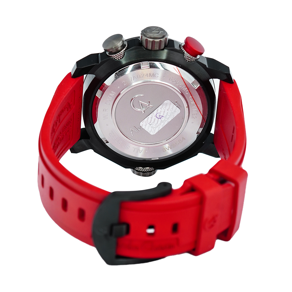 Jam Tangan Alexandre Christie Chronograph AC 6565 MCREPBARE Men Black Dial Red Rubber Strap