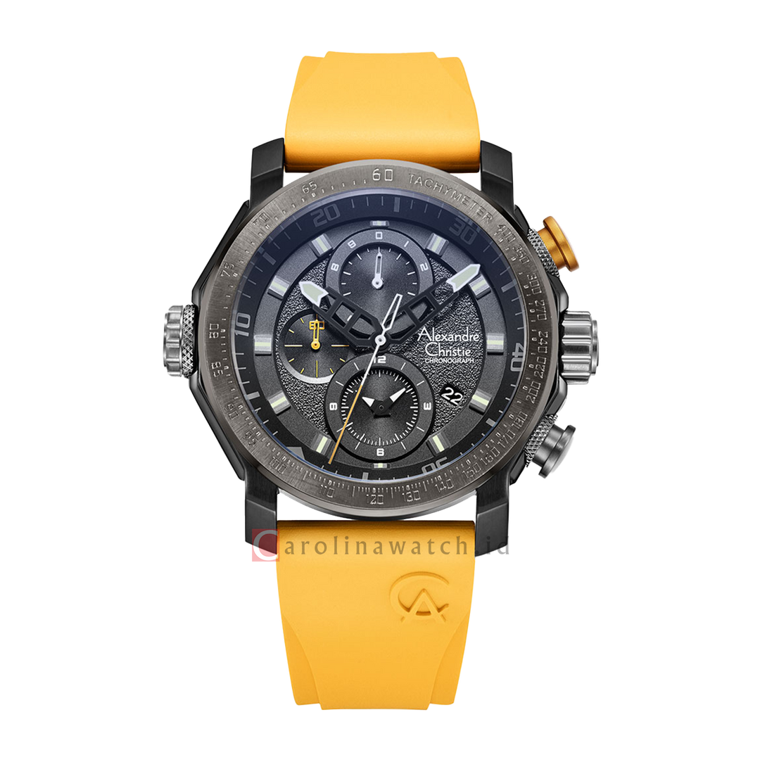 Jam Tangan Alexandre Christie Chronograph AC 6565 MCREPBAYL Men Black Dial Yellow Rubber Strap