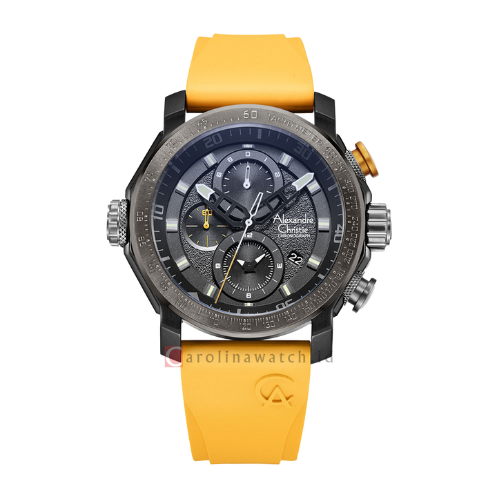 Jam Tangan Alexandre Christie Chronograph AC 6565 MCREPBAYL Men Black Dial Yellow Rubber Strap