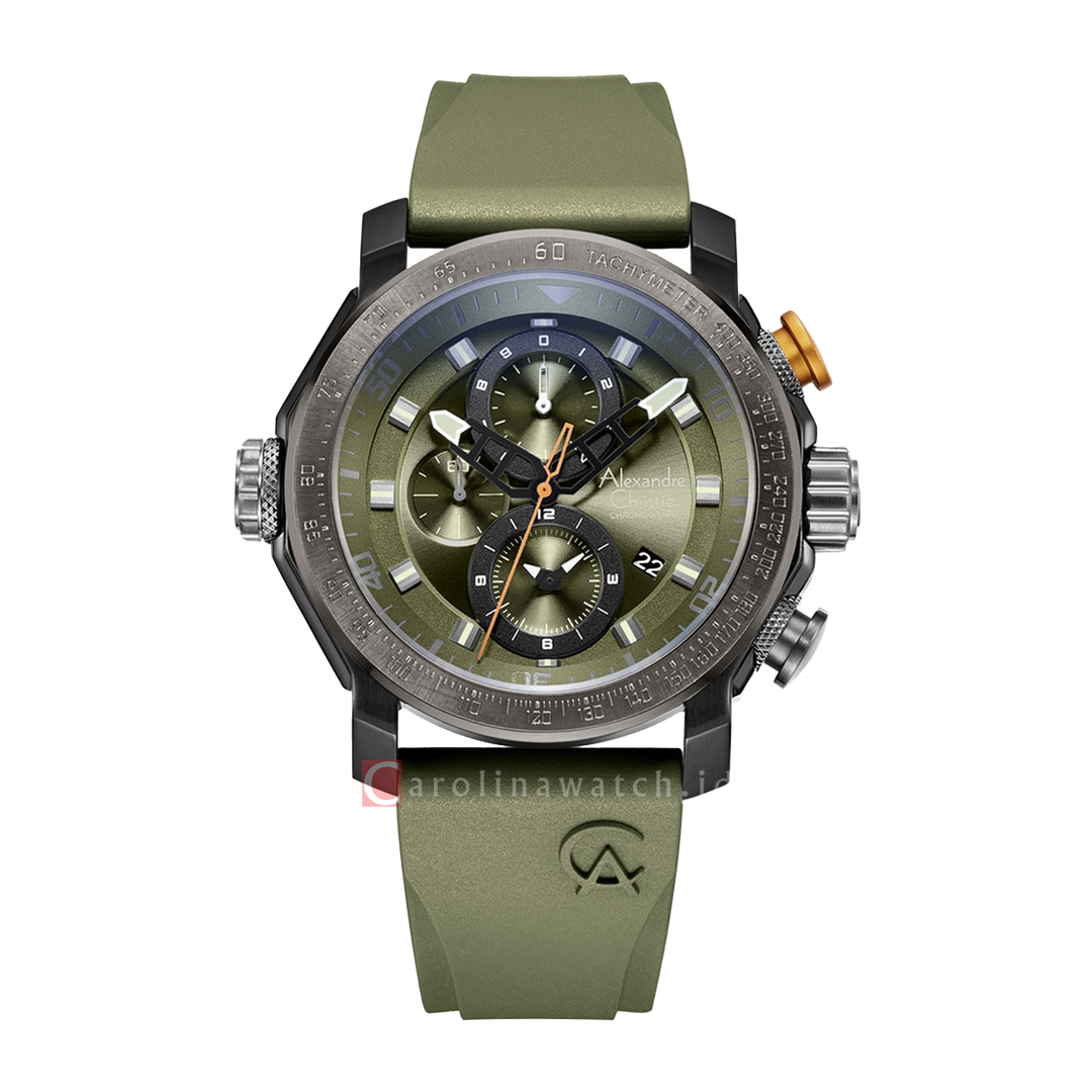 Jam Tangan Alexandre Christie Chronograph AC 6565 MCREPGN Men Green Dial Green Rubber Strap