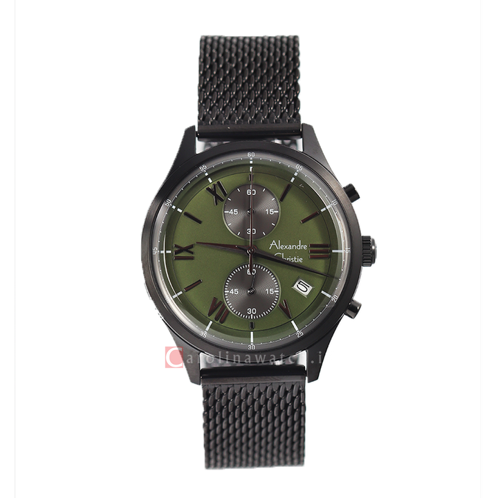 Jam Tangan Alexandre Christie Chronograph AC 6567 MCBIPGN Men Olive Green Dial Black Stainless Steel Strap