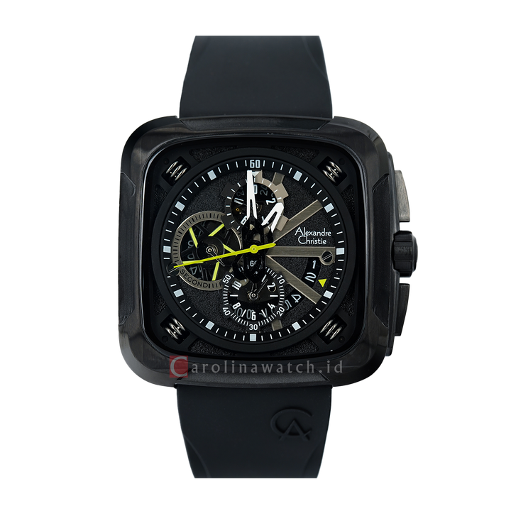 Jam Tangan Alexandre Christie Chronograph AC 6577 MCRIPBALE Men Black Dial Black Rubber Strap