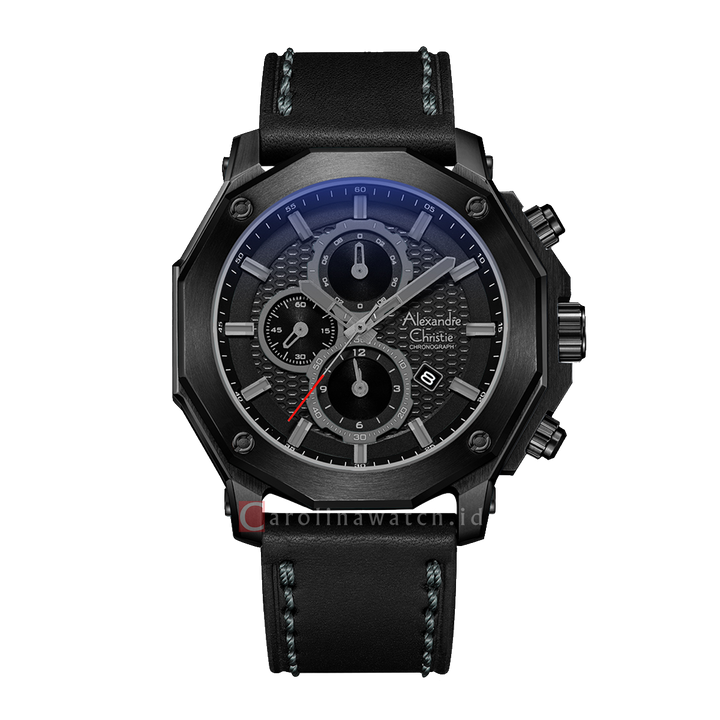 Jam Tangan Alexandre Christie Chronograph AC 6586 MCLIPBA Black Dial Black Leather Strap