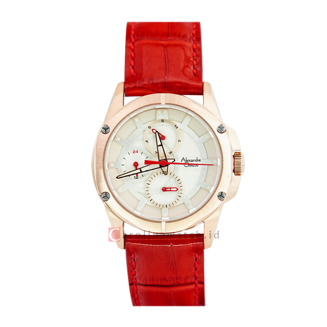 Jam Tangan Alexandre Christie Fashion AC 6589 BFLRGSLRE Women Silver Dial Red Leather Strap