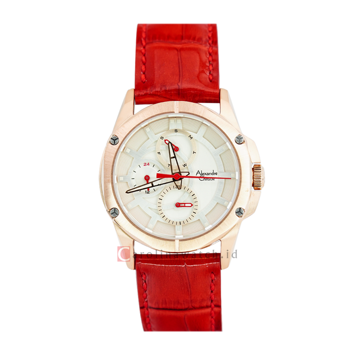 Jam Tangan Alexandre Christie Fashion AC 6589 BFLRGSLRE Women Silver Dial Red Leather Strap