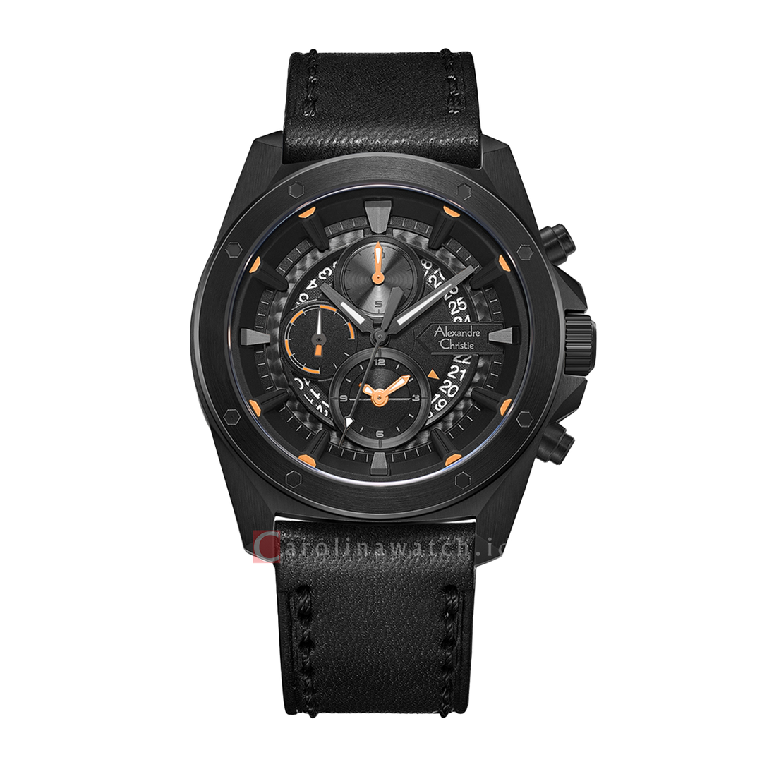 Jam Tangan Alexandre Christie Sport AC 6594 MCLIPBAOR Men Chronograph Black Dial Black Leather Strap