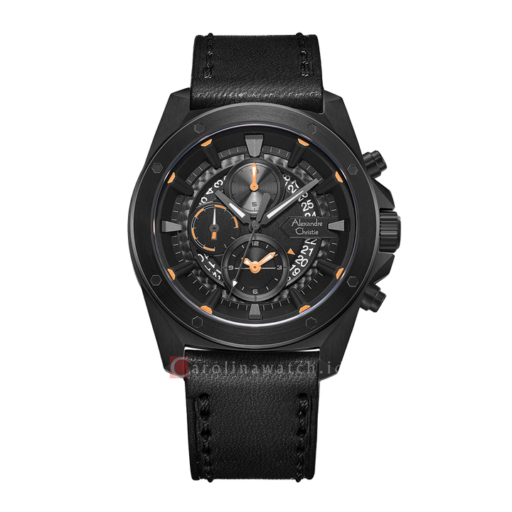 Jam Tangan Alexandre Christie Sport AC 6594 MCLIPBAOR Men Chronograph Black Dial Black Leather Strap