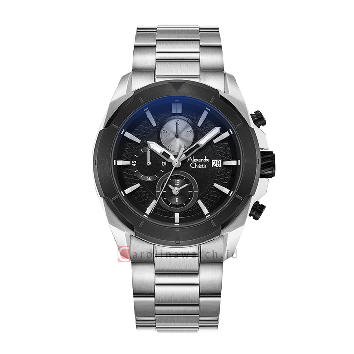 Jam Tangan Alexandre Christie Chronograph AC 6596 MCBTBBA Men Black Dial Stainless Steel Strap