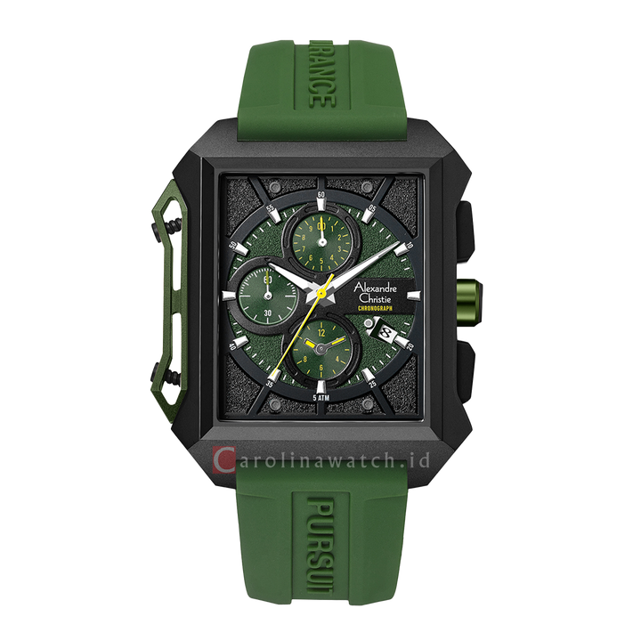 Jam Tangan Alexandre Christie Chronograph AC 6601 MCRIPBAGN Men Black Dial Green Rubber Strap