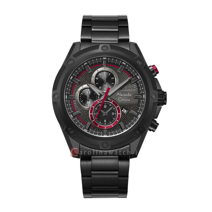 Jam Tangan Alexandre Christie Sport AC 6605 MCBIPBARE Men Chronograph Black Dial Black Stainless Steel Strap