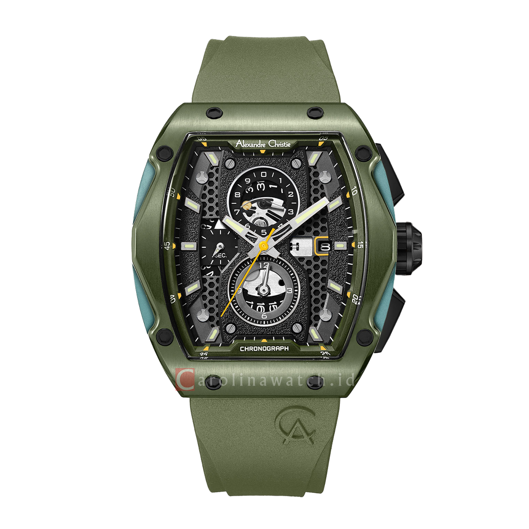 Jam Tangan Alexandre Christie Chronograph AC 6608 MCRGABA Men Black Dial Olive Green Rubber Strap