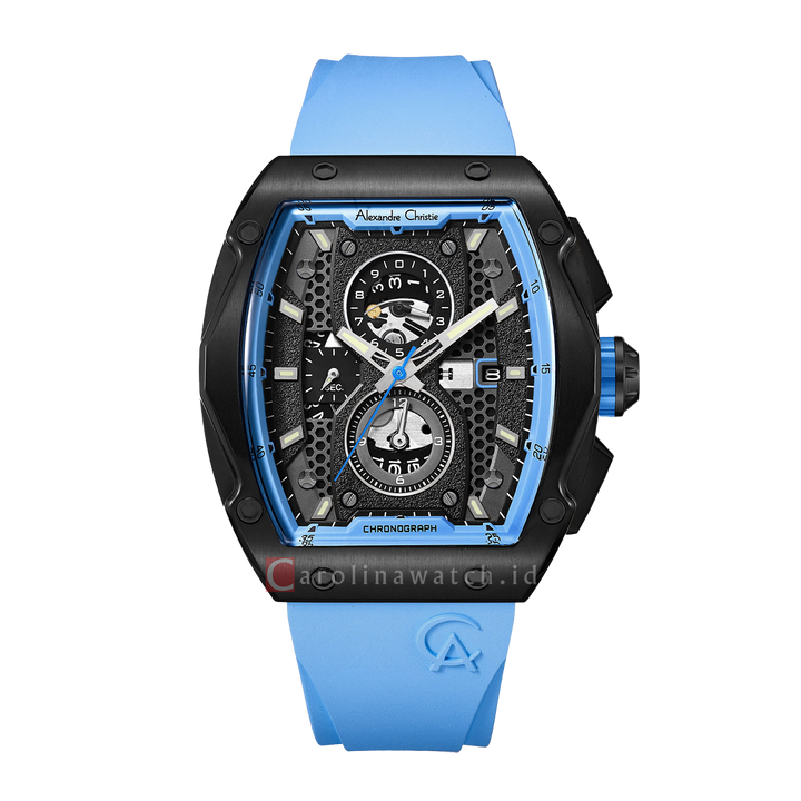 Jam Tangan Alexandre Christie Chronograph AC 6608 MCRIPBALB Men Black Dial Light Blue Rubber Strap