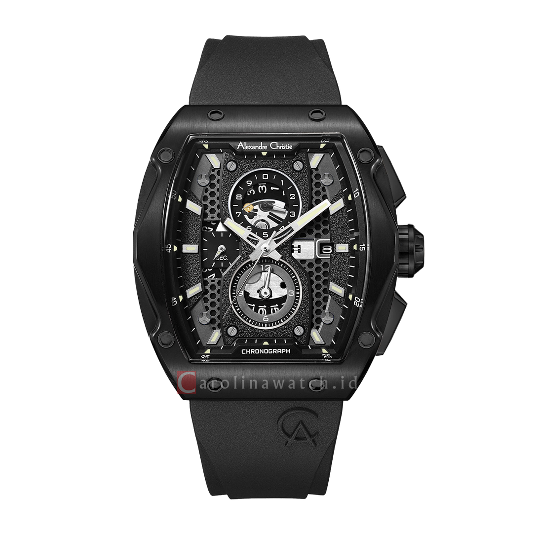 Jam Tangan Alexandre Christie Chronograph AC 6608 MCRIPBA Men Black Dial Black Rubber Strap