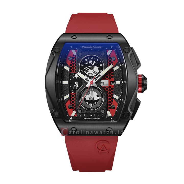 Jam Tangan Alexandre Christie Chronograph AC 6608 MCRIPRE Men Black Dial Red Rubber Strap