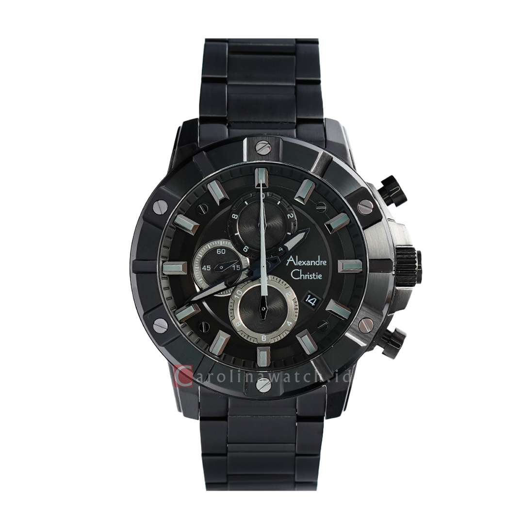 Jam Tangan Alexandre Christie Sport AC 6609 MCBIPBA Chronograph Men Black Dial Black Stainless Steel Strap