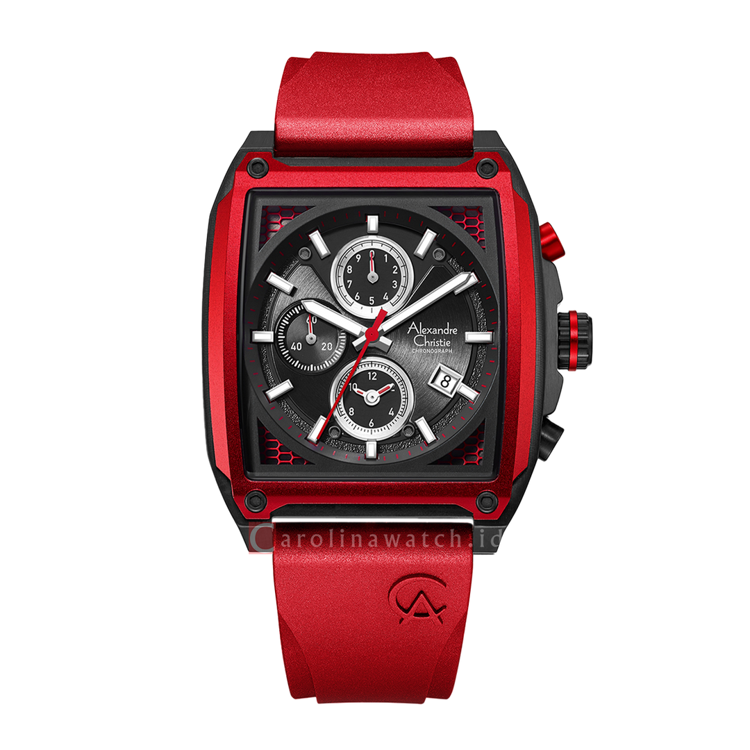 Jam Tangan Alexandre Christie Chronograph AC 6614 MCRIPREBA Men Black Dial Red Rubber Strap
