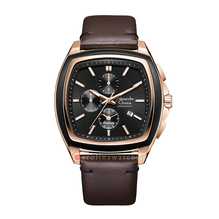 Jam Tangan Alexandre Christie Chronograph AC 6616 MCLRGBABO Men Black Dial Brown Leather Strap