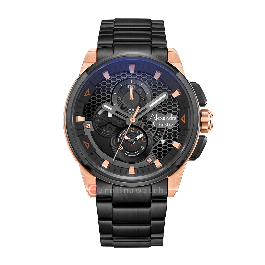 Jam Tangan Alexandre Christie Chronograph AC 6618 MCBBRBA Men Black Dial Black Stainless Steel Strap