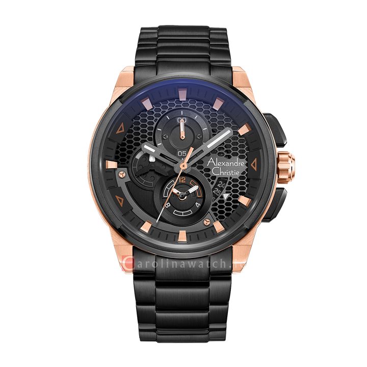 Jam Tangan Alexandre Christie Chronograph AC 6618 MCBBRBA Men Black Dial Black Stainless Steel Strap