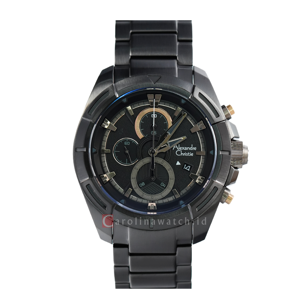 Jam Tangan Alexandre Christie Chronograph AC 6621 MCBIPBAIV Men Black Dial Black Stainless Steel Strap