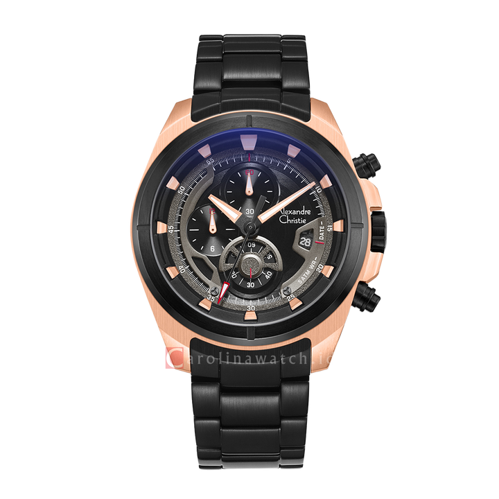 Jam Tangan Alexandre Christie Chronograph AC 6622 MCBBRBA Men Black Dial Black Stainless Steel Strap