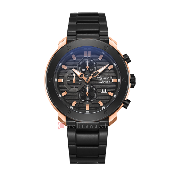 Jam Tangan Alexandre Christie Chronograph AC 6626 MCBBRBA Men Black Dial Black Stainless Steel Strap