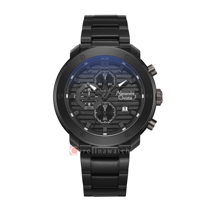 Jam Tangan Alexandre Christie Chronograph AC 6626 MCBEPBA Men Black Dial Black Stainless Steel Strap
