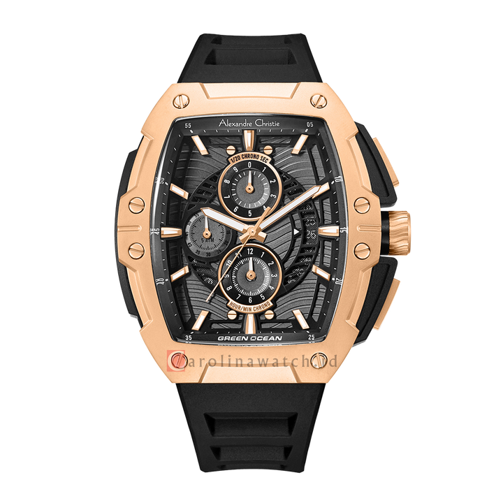 Jam Tangan Alexandre Christie Green Ocean Chronograph AC 6629 MCRBRBA Men Black Dial Black Rubber Strap