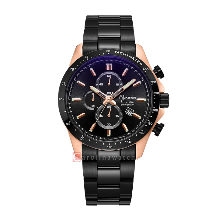 Jam Tangan Alexandre Christie Chronograph AC 6630 MCBBRBA Men Black Dial Black Stainless Steel Strap