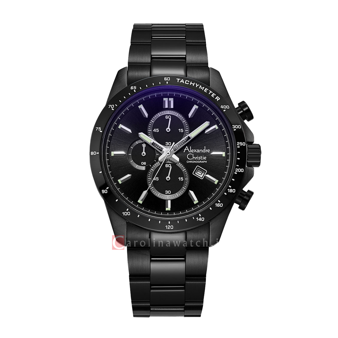 Jam Tangan Alexandre Christie Chronograph AC 6630 MCBIPBA Men Black Dial Black Stainless Steel Strap