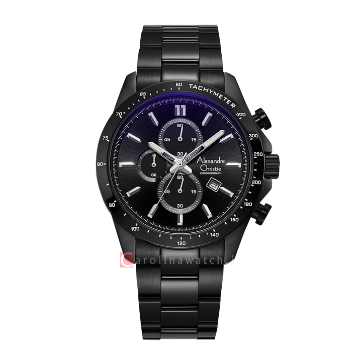 Jam Tangan Alexandre Christie Chronograph AC 6630 MCBIPBA Men Black Dial Black Stainless Steel Strap