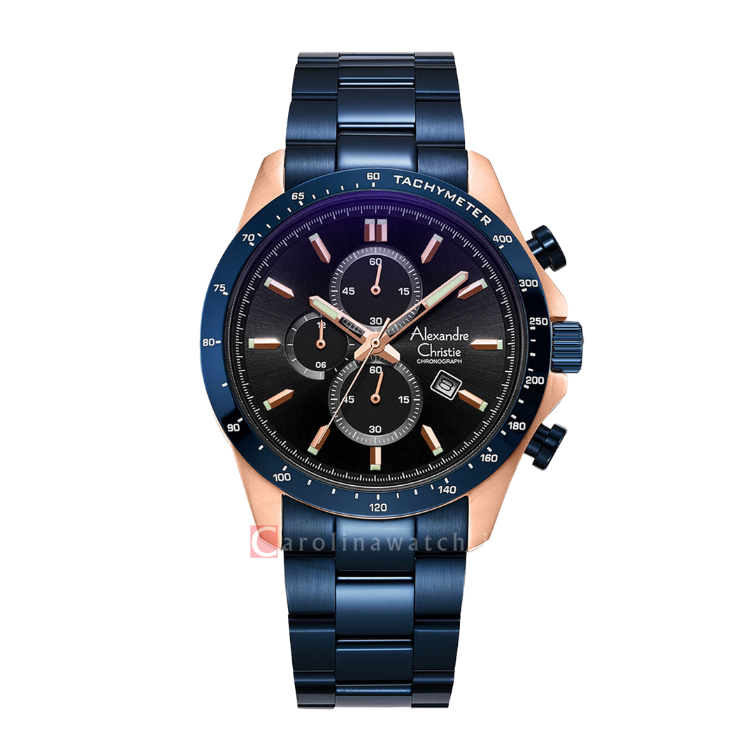 Jam Tangan Alexandre Christie Chronograph AC 6630 MCBURBA Men Black Dial Blue Stainless Steel Strap