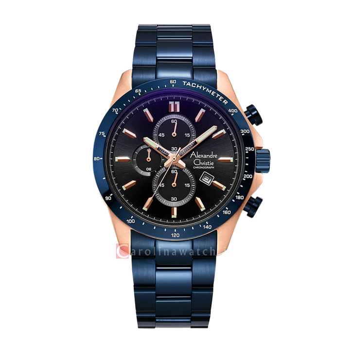 Jam Tangan Alexandre Christie Chronograph AC 6630 MCBURBA Men Black Dial Blue Stainless Steel Strap