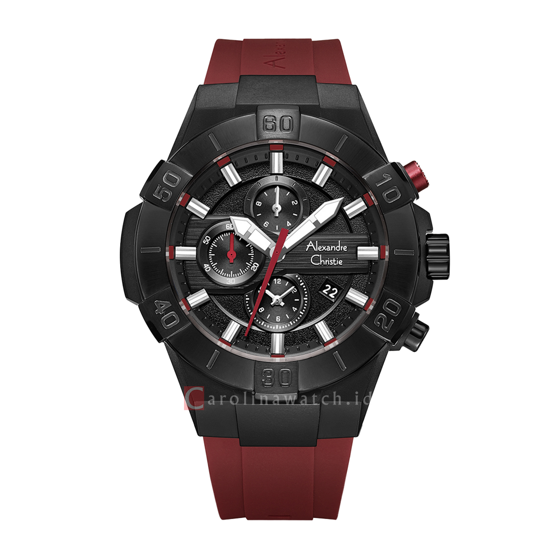 Jam Tangan Alexandre Christie Chronograph AC 6649 MCRIPBARE Men Black Dial Maroon Red Rubber Strap