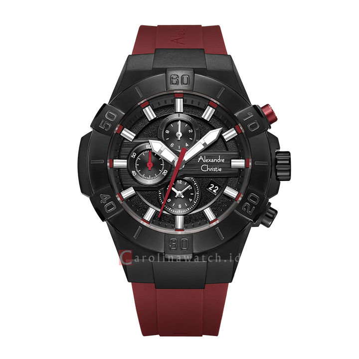 Jam Tangan Alexandre Christie Chronograph AC 6649 MCRIPBARE Men Black Dial Maroon Red Rubber Strap