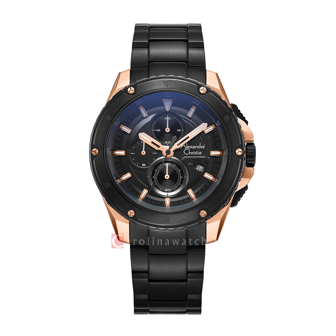 Jam Tangan Alexandre Christie Sport AC 6653 MCBBRBA Chronograph Men Black Dial Black Stainless Steel Strap