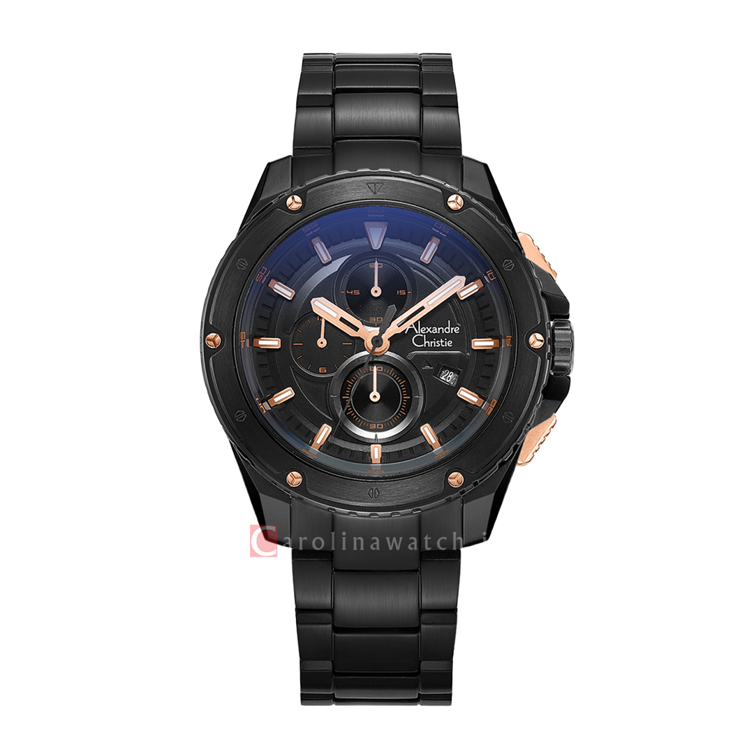 Jam Tangan Alexandre Christie Sport AC 6653 MCBIPBARG Chronograph Men Black Dial Black Stainless Steel Strap