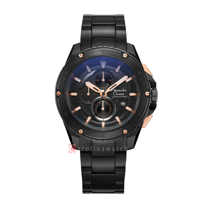 Jam Tangan Alexandre Christie Sport AC 6653 MCBIPBARG Chronograph Men Black Dial Black Stainless Steel Strap