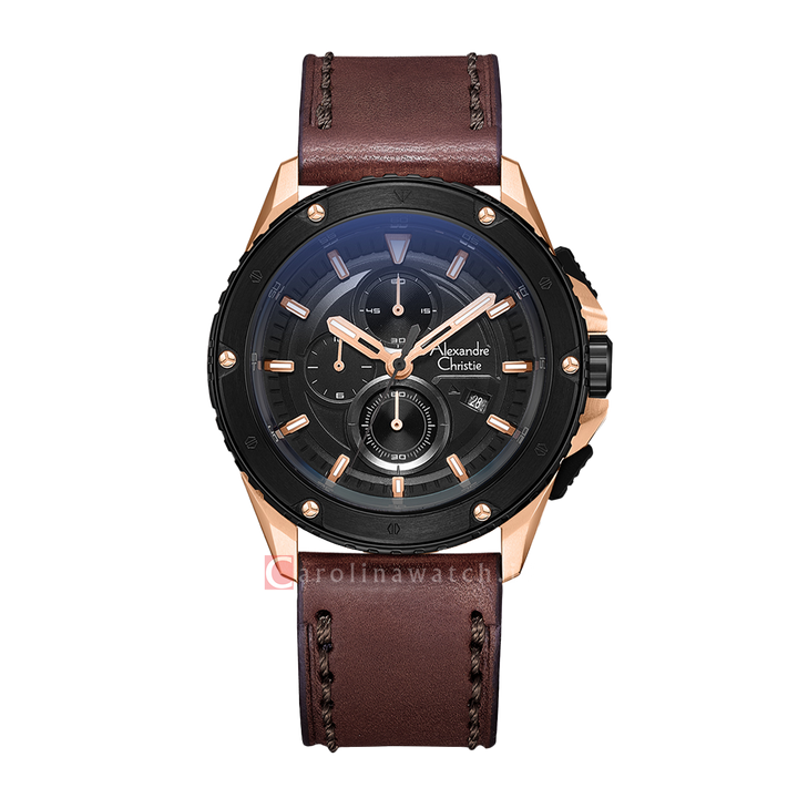 Jam Tangan Alexandre Christie Sport AC 6653 MCLBRBA Chronograph Men Black Dial Brown Leather Strap