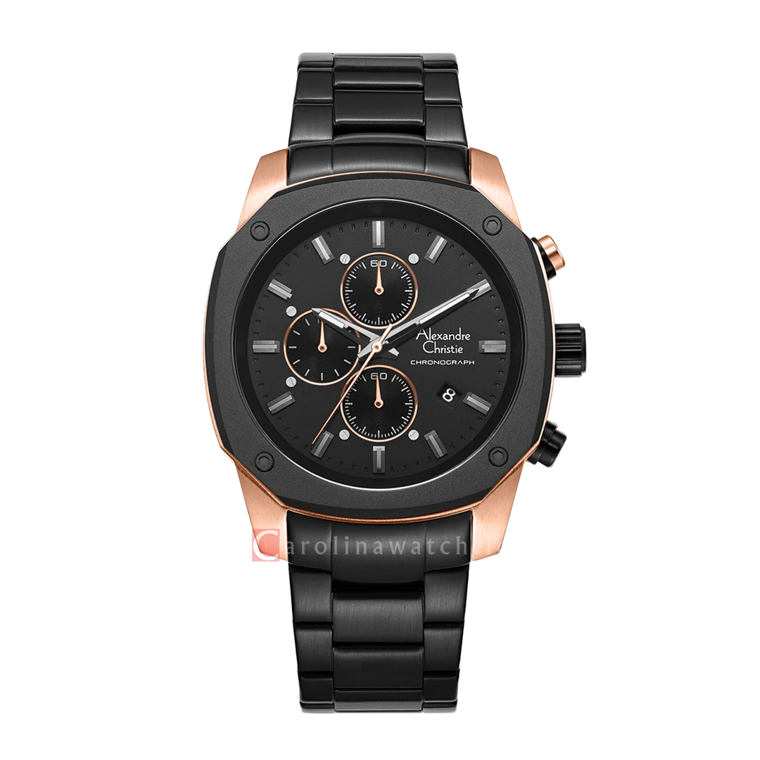 Jam Tangan Alexandre Christie Chronograph AC 6658 MCBBRBA Men Black Dial Black Stainless Steel Strap