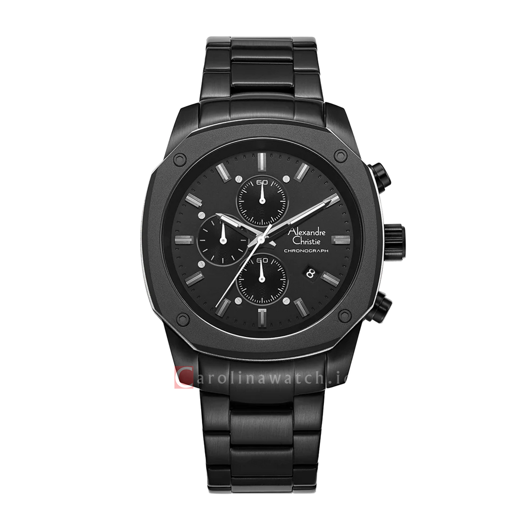 Jam Tangan Alexandre Christie Chronograph AC 6658 MCBIPBA Men Black Dial Black Stainless Steel Strap