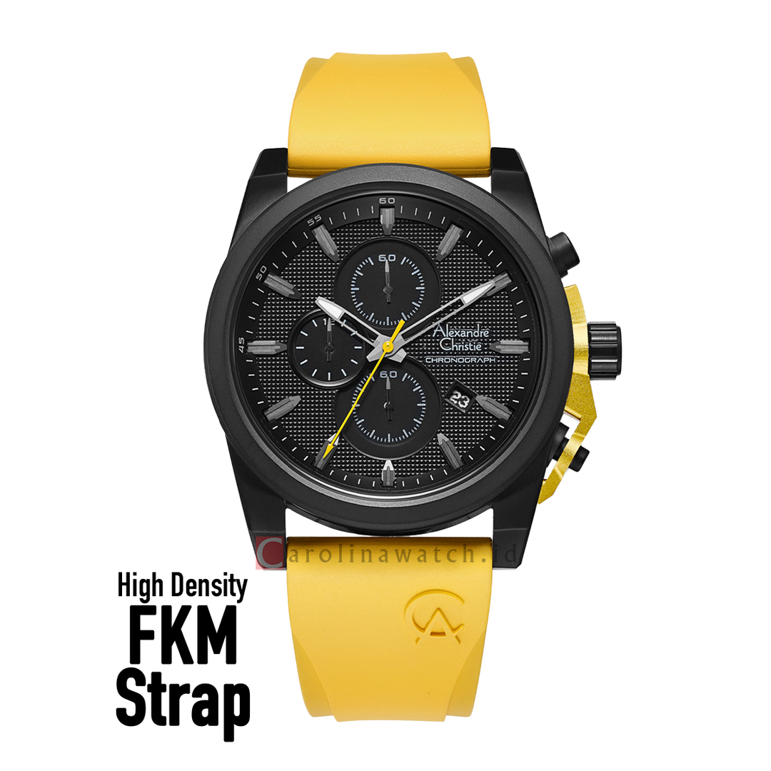 Jam Tangan Alexandre Christie Chronograph AC 6659 MCRIPBAYL Men Black Pattern Dial Yellow FKM Rubber Strap