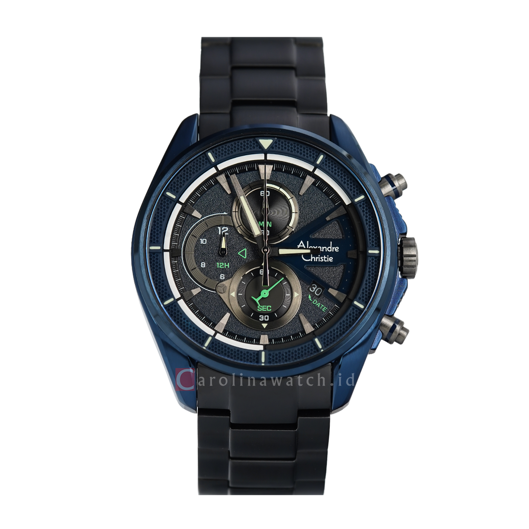 Jam Tangan Alexandre Christie Chronograph AC 6662 MCBUBBA Men Blue Case Black Stainless Steel Strap