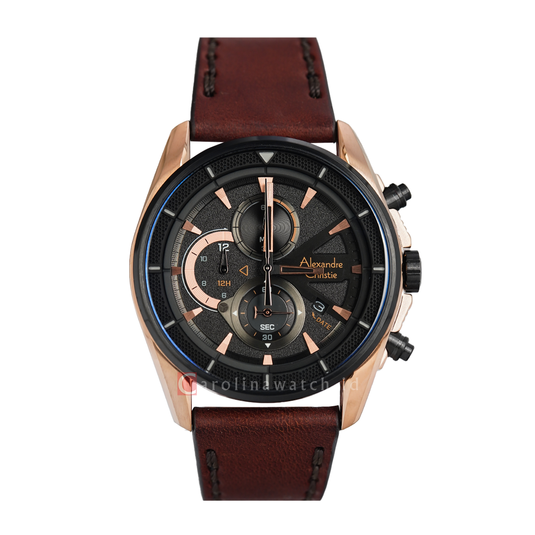 Jam Tangan Alexandre Christie Chronograph AC 6662 MCLBRBA Black Dial Brown Leather Strap